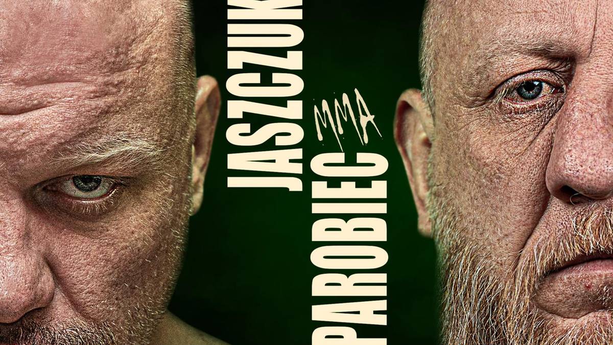 Dwa zbliżenia na twarze mężczyzn, z pionowym zielonym pasem pośrodku z napisami 'JASZCZUK' i 'PAROBIEC MMA'.