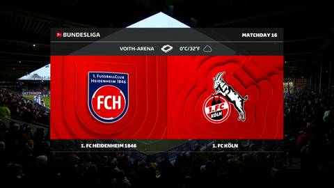 Ekran informacyjny z meczu Bundesligi: 1. FC Heidenheim vs 1. FC K&ouml;ln. Herb Heidenheim po lewej, herb 1. FC K&ouml;ln z kozicą po prawej.