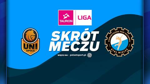 Logo Tauron Ligi, logo UNI Opole, napis "SKR&Oacute;T MECZU" oraz logo ITA TOOLS Stal Mielec na niebieskim tle.