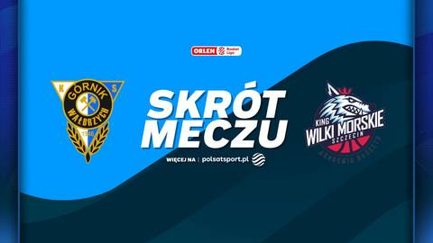 Logo G&oacute;rnika Wałbrzych i King Wilki Morskie Szczecin, napis "SKR&Oacute;T MECZU" oraz logo Polsat Sport.