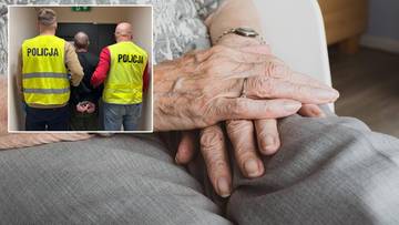 Dwie osoby w kamizelkach z napisem POLICJA prowadzą zatrzymanego mężczyznę, na tle widoczny fragment dłoni starszej osoby.