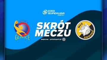 Grafika przedstawiająca skr&oacute;t meczu piłki ręcznej kobiet pomiędzy Sośnicą Gliwice a Enea MKS Gniezno. Widoczne są loga obu drużyn i napis "SKR&Oacute;T MECZU".