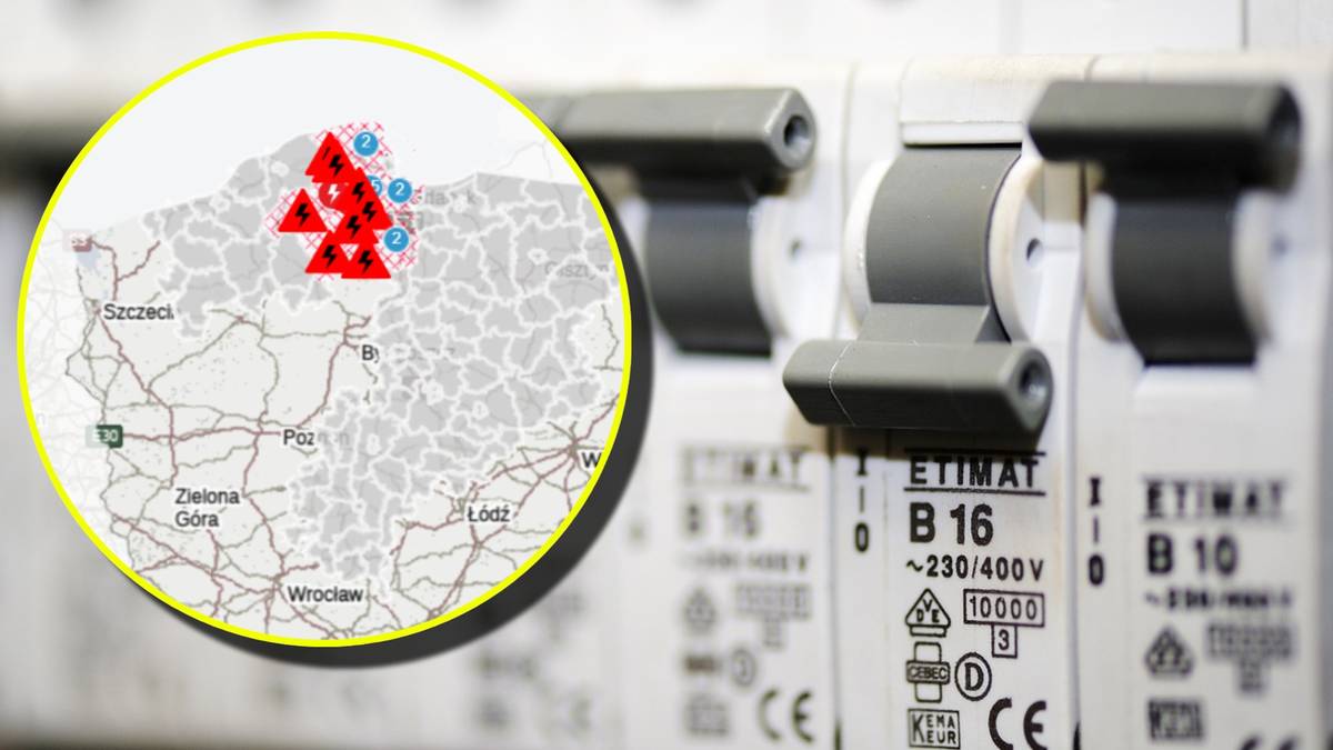 Mapa Pomorza z zaznaczonymi obszarami bez prądu.