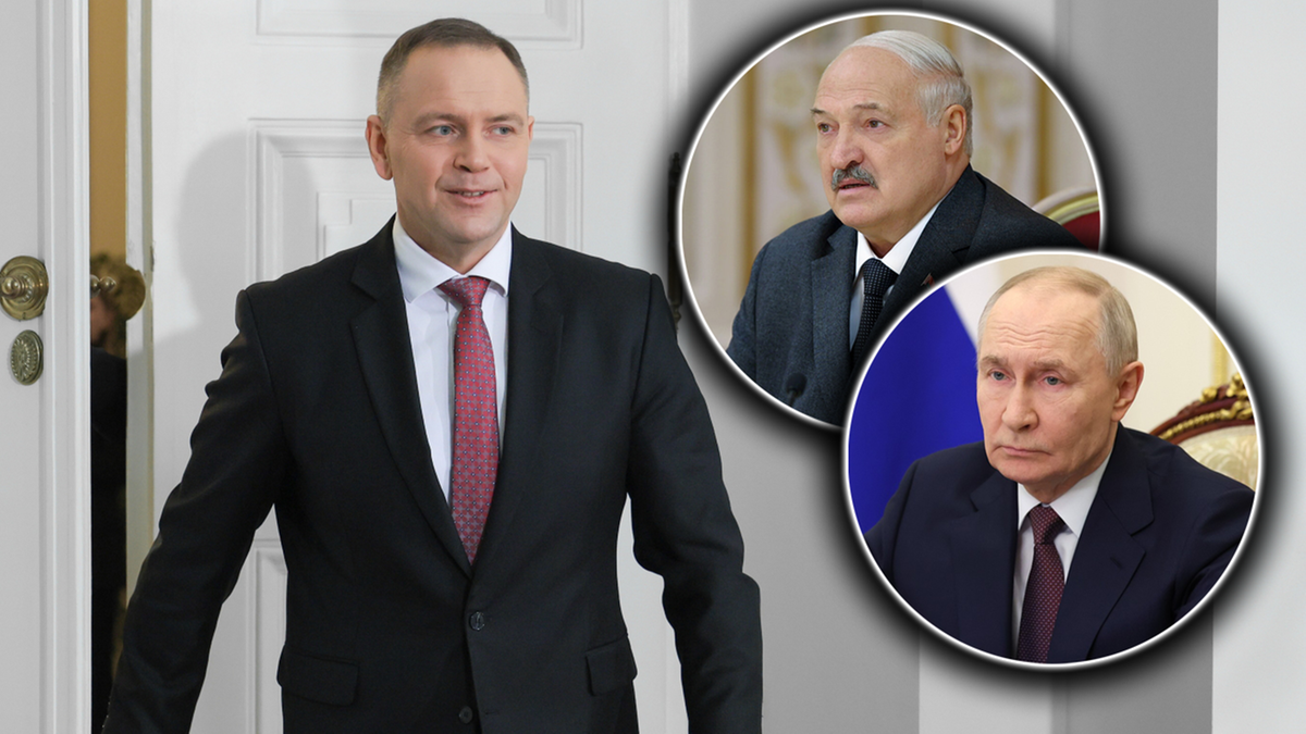 Karol Nawrocki w garniturze, z wizerunkami Władimira Putina i Alaksandra Łukaszenki w tle.