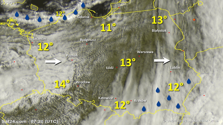 Zdjęcie satelitarne Polski w dniu 22 czerwca 2018 o godzinie 9:20. Dane: Sat24.com / Eumetsat.