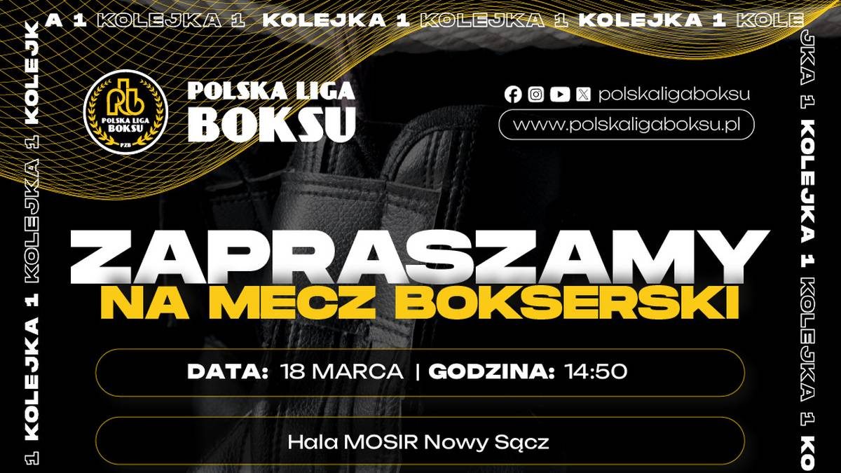 Plakat zapraszający na mecz bokserski Polskiej Ligi Boksu pomiędzy Golden Team Nowy Sącz a Concordia Knur&oacute;w, z datą 18 marca i godziną 14:00.