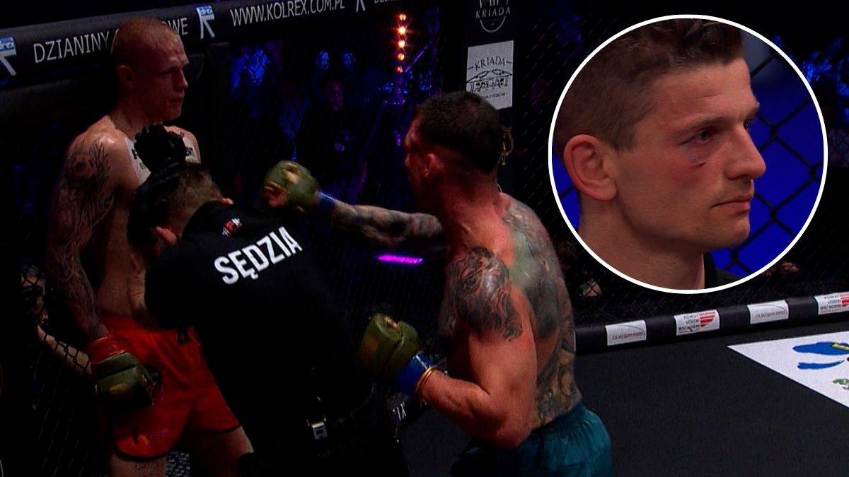 Sędzia Daniel Matuszek zostaje uderzony przez zawodnika podczas walki, widoczna opuchlizna pod jego okiem.