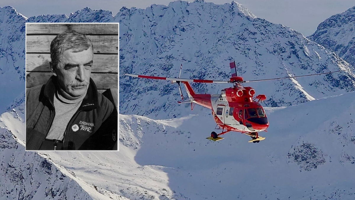 Portret Andrzeja Gąsienicy-J&oacute;zkowego obok zdjęcia śmigłowca TOPR w g&oacute;rach.