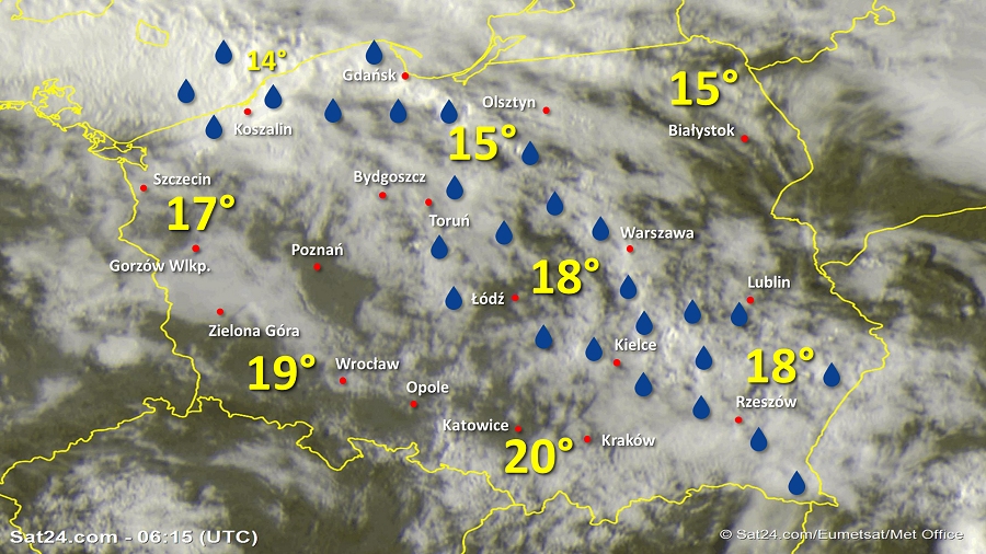 Zdjęcie satelitarne Polski w dniu 1 sierpnia 2019 o godzinie 8:15. Dane: Sat24.com / Eumetsat.