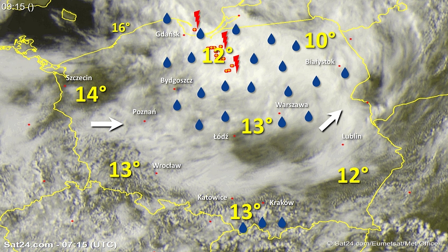 Zdjęcie satelitarne Polski w dniu 25 czerwca 2018 o godzinie 9:15. Dane: Sat24.com / Eumetsat.