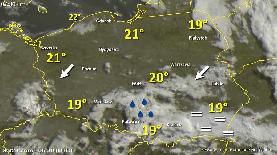 Zdjęcie satelitarne Polski w dniu 27 lipca 2018 o godzinie 7:30. Dane: Sat24.com / Eumetsat.