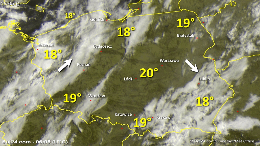 Zdjęcie satelitarne Polski w dniu 19 czerwca 2018 o godzinie 8:05. Dane: Sat24.com / Eumetsat.