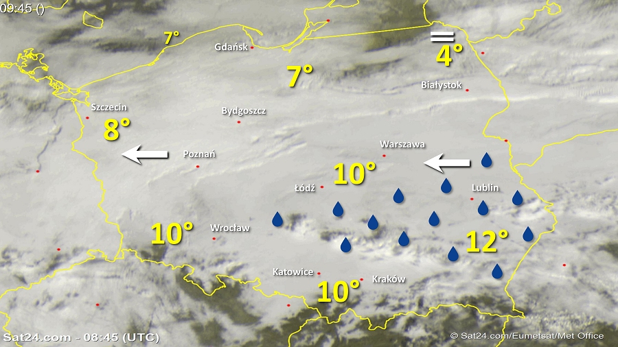 Zdjęcie satelitarne Polski w dniu 4 listopada 2018 o godzinie 9:45. Dane: Sat24.com / Eumetsat.