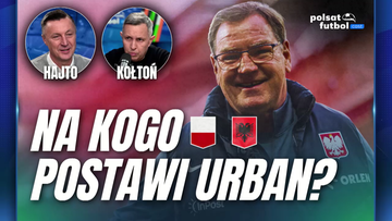 Grafika z pytaniem "NA KOGO POSTAWI URBAN?" na tle zdjęć Tomasza Hajto, Mateusza Kołtonia i uśmiechniętego trenera w kurtce reprezentacji Polski. Widoczne logo "polsatfutbol.com".