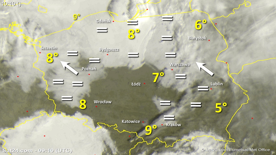 Zdjęcie satelitarne Polski w dniu 10 listopada 2018 o godzinie 10:10. Dane: Sat24.com / Eumetsat.