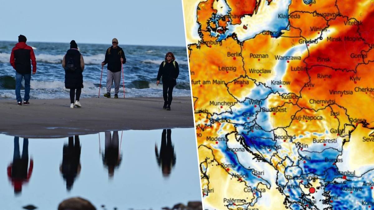 Kolorowa mapa przedstawiająca rozkład temperatur w Europie połączona z widokiem na plażę, gdzie spacerują ludzie.