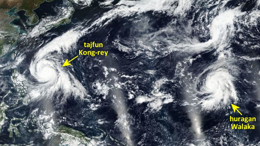 Zdjęcie satelitarne tajfunu Kong-rey i huraganu Walaka nad Pacyfikiem. Fot. NASA.