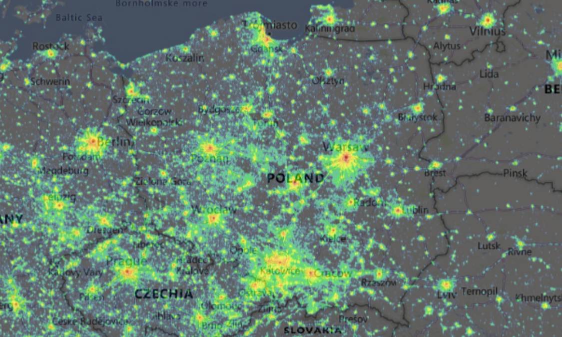 Mapa zanieczyszczeń świetlnych. Fot. lightpollutionmap.info