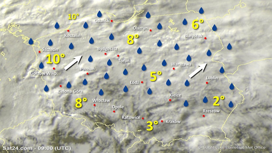 Zdjęcie satelitarne Polski w dniu 10 stycznia 2020 o godzinie 10:00. Dane: Sat24.com / Eumetsat.