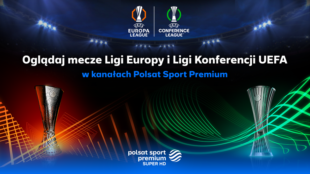 Dwa puchary Ligi Europy i Ligi Konferencji UEFA, symbole rozgrywek sportowych, w tle stadion piłkarski z oświetleniem.
