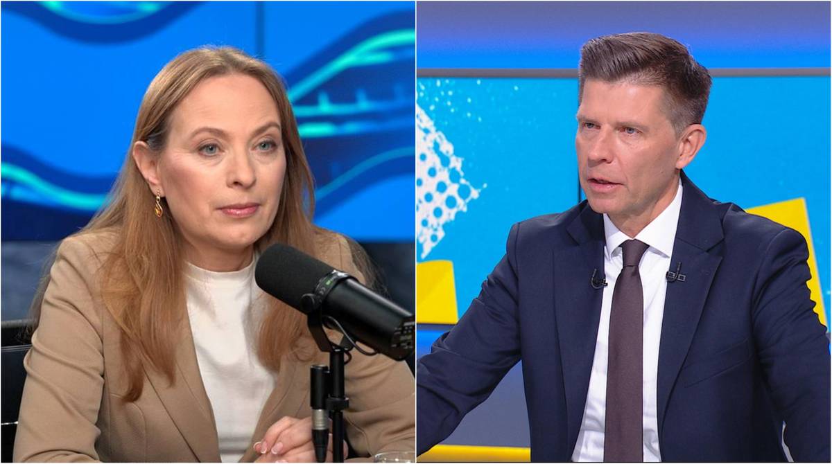 Dwie osoby siedzące naprzeciwko siebie, mężczyzna i kobieta, patrzące na siebie i rozmawiające.