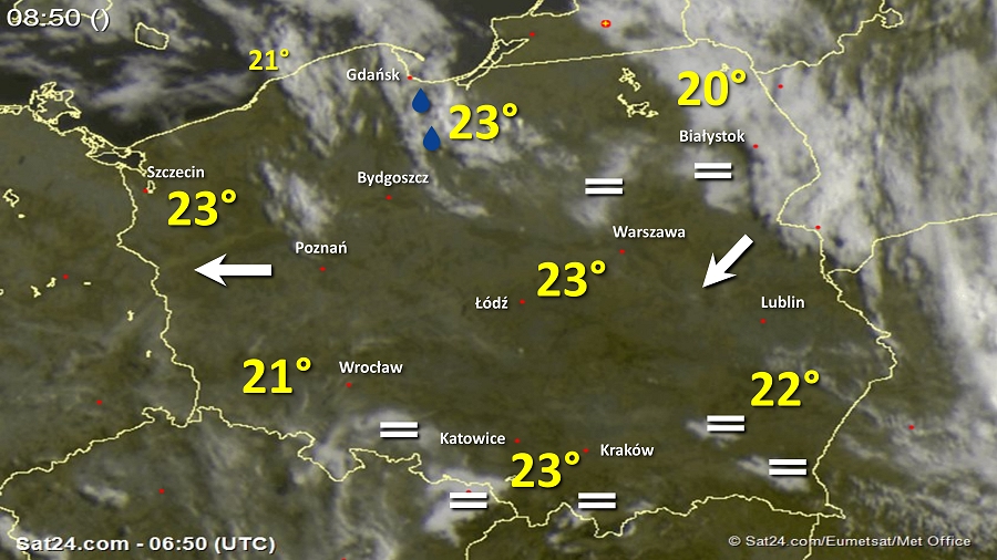Zdjęcie satelitarne Polski w dniu 28 lipca 2018 o godzinie 8:50. Dane: Sat24.com / Eumetsat.