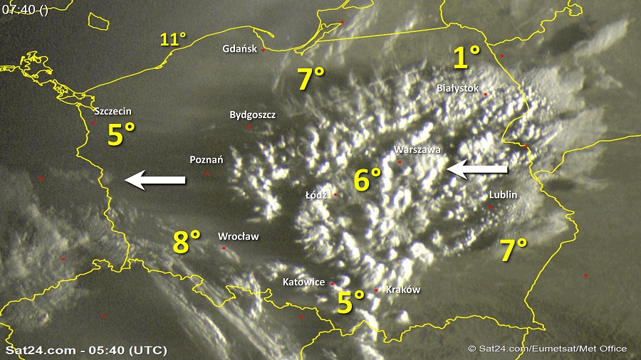 Zdjęcie satelitarne Polski w dniu 16 października 2018 o godzinie 7:40. Dane: Sat24.com / Eumetsat.