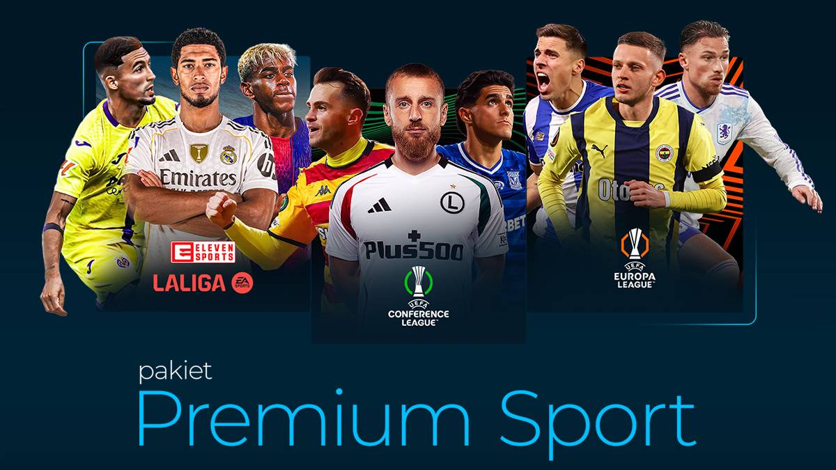 Grupa piłkarzy w strojach klubowych, logo Polsat Box Go, napis "Premium Sport"