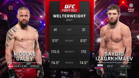 Dwóch zawodników MMA, Nicolas Dalby i Saygid Izagakhmaev, prezentuje swoje statystyki przed walką UFC. Panel informacyjny pokazuje ich wiek, wzrost, wagę i zasięg ramion.