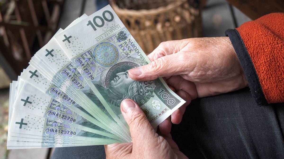 Dłoń osoby starszej trzymająca plik banknot&oacute;w stuzłotowych.