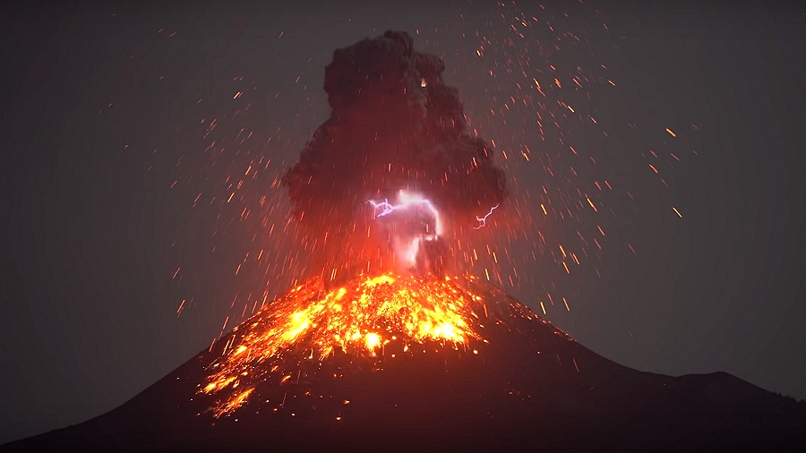 Błyskawice podczas erupcji wulkanu Krakatau na Indonezji. Fot. YouTube / Photovolcanica.