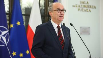 Mężczyzna w okularach i garniturze przemawia za m&oacute;wnicą obok flag Polski i Unii Europejskiej.