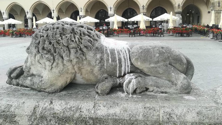 Drucianą szczotką "czesał" posąg lwa w Krakowie. Chciał po sobie posprzątać