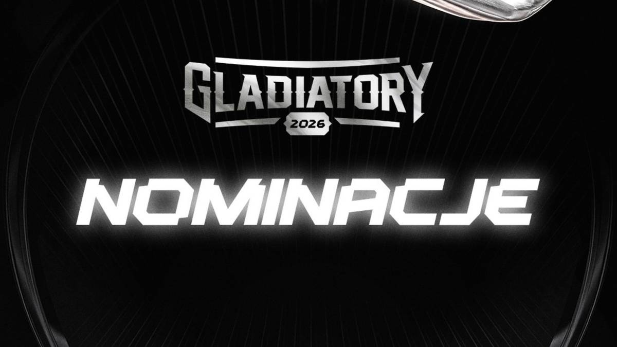 Logo "GLADIATORY 2026" i napis "NOMINACJE" w białych, neonowych literach na czarnym tle.