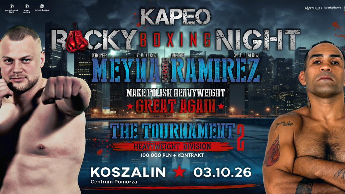 Plakat gali bokserskiej "Rocky Boxing Night" z wizerunkami bokserów Meyna i Ramireza. W tle widoczne miasto nocą.