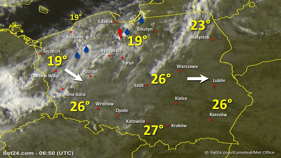 Zdjęcie satelitarne Polski w dniu 1 lipca 2019 o godzinie 8:50. Dane: Sat24.com / Eumetsat.