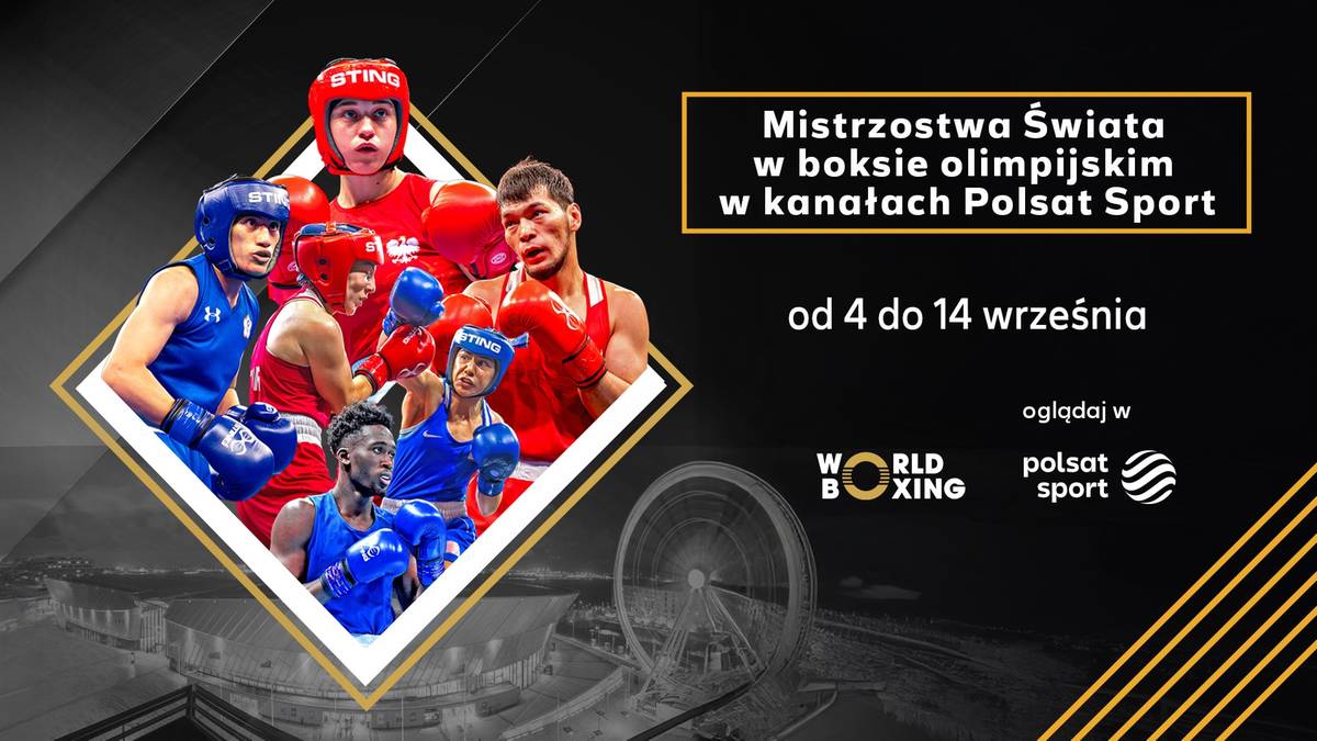 Pięściarze w niebieskich i czerwonych strojach sportowych w pozycjach bojowych podczas mistrzostw świata w boksie olimpijskim.