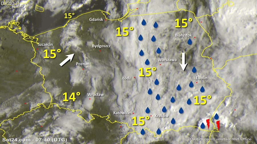 Zdjęcie satelitarne Polski w dniu 15 września 2018 o godzinie 9:40. Dane: Sat24.com / Eumetsat.