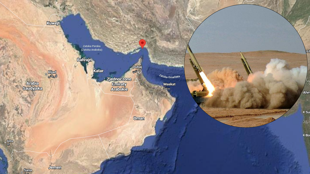 Mapa Bliskiego Wschodu z zaznaczonym obszarem Iranu i powiększenie przedstawiające start rakiet.