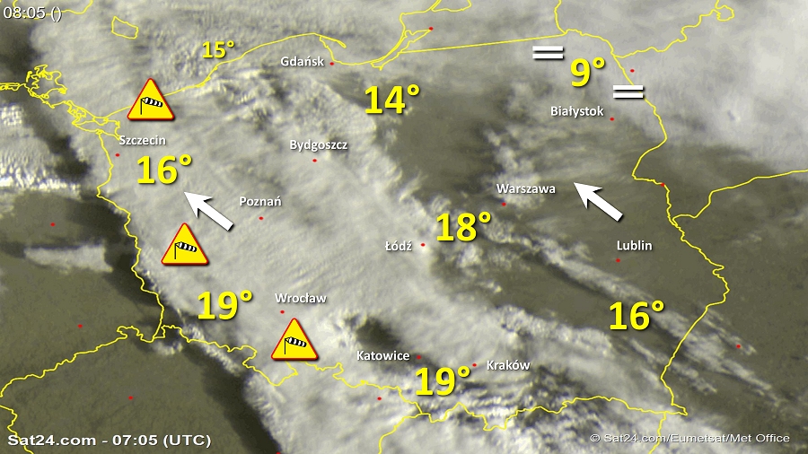 Zdjęcie satelitarne Polski w dniu 30 października 2018 o godzinie 8:05. Dane: Sat24.com / Eumetsat.