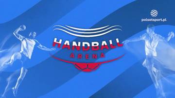 Grafika z logo "Handball Arena" i sylwetkami zawodnik&oacute;w piłki ręcznej na niebieskim tle.