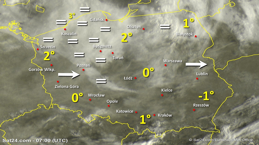 Zdjęcie satelitarne Polski w dniu 25 lutego 2019 o godzinie 8:00. Dane: Sat24.com / Eumetsat.