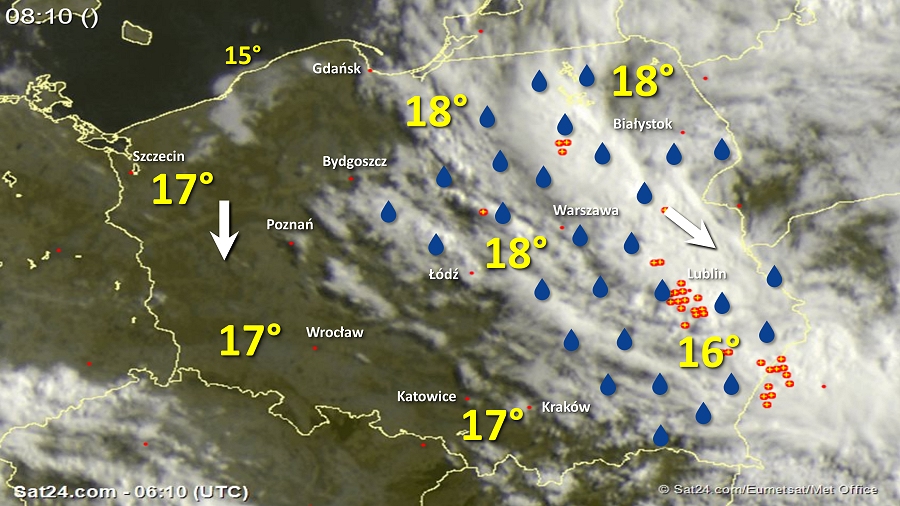 Zdjęcie satelitarne Polski w dniu 16 lipca 2018 o godzinie 8:10. Dane: Sat24.com / Eumetsat.