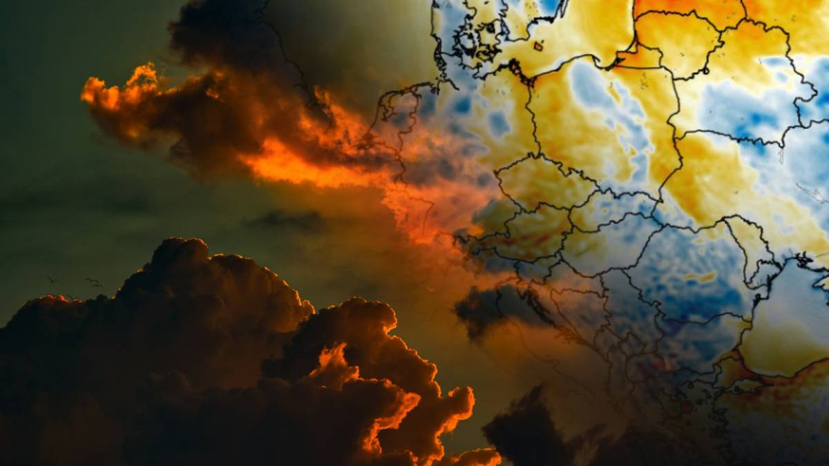 Mapa Europy z zaznaczonymi temperaturami, na tle burzowych chmur.