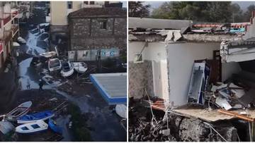 Zalane ulice z łodziami i zniszczony budynek po przejściu cyklonu Harry we Włoszech.