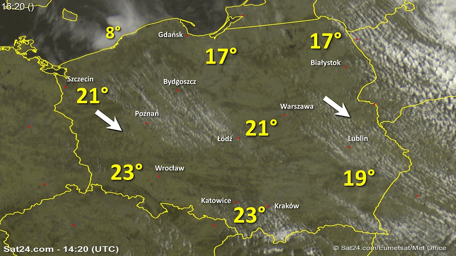 Zdjęcie satelitarne w dniu 19 kwietnia 2018 o godzinie 16:20. Dane: Sat24.com / Eumetsat.