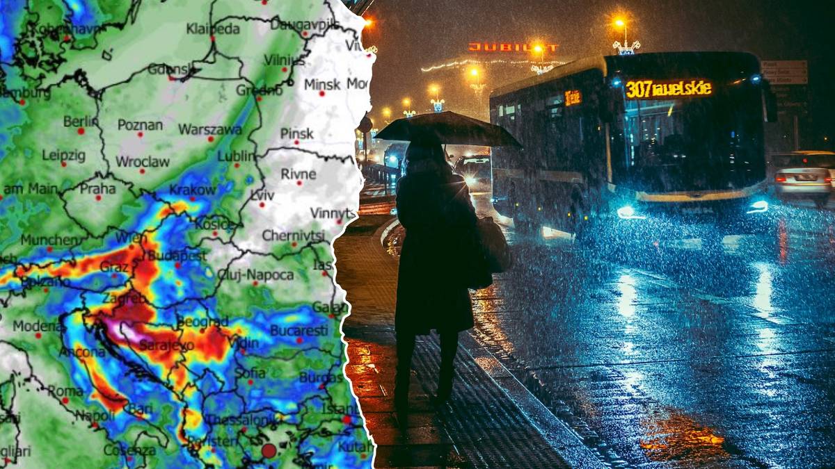 Mapa opad&oacute;w atmosferycznych nad Polską połączona z nocnym zdjęciem deszczowej ulicy i autobusu.