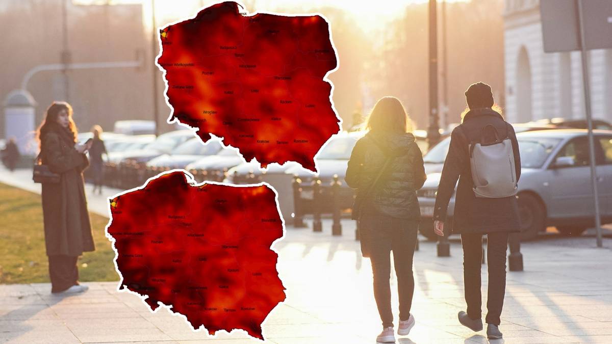 Dwie stylizowane mapy Polski w kolorze czerwonym nałożone na zdjęcie przedstawiające ludzi spacerujących ulicą w ciepłym, słonecznym świetle.