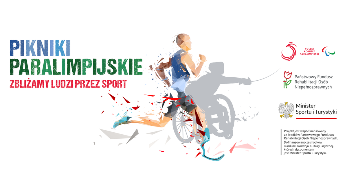 Ilustracja przedstawiająca biegacza z protezą nogi oraz sportowca na wózku inwalidzkim, z fragmentami schematycznego rysunku szermierza w tle. Nad nimi hasło "PIKNIKI PARALIMPIJSKIE ZBLIŻAMY LUDZI PRZEZ SPORT". Obok znajdują się logotypy organizatorów i sponsorów.