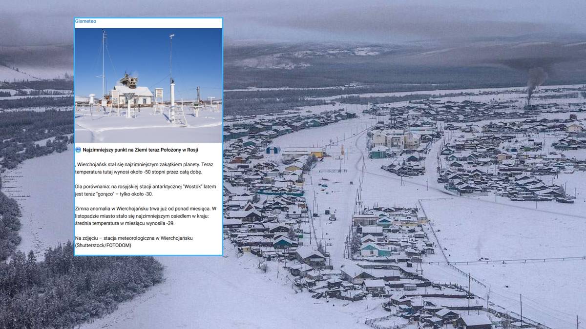 Widok na ośnieżoną wieś z rzeką i lasem w tle. Na pierwszym planie widnieje ekran z artykułem o ekstremalnych mrozach.